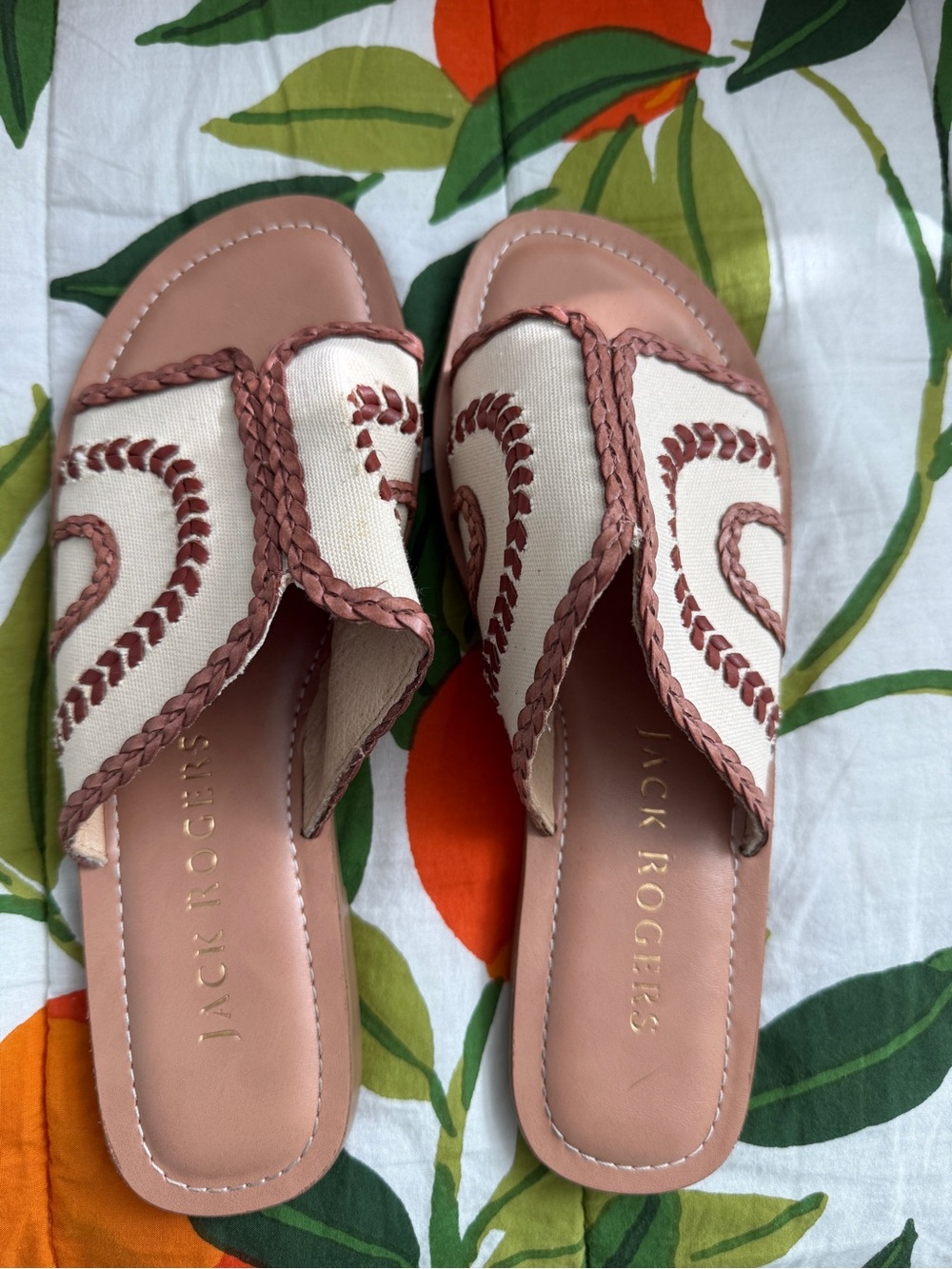 Jack Rogers Cream Canvas Slide Sandals with Tan Braided Trim